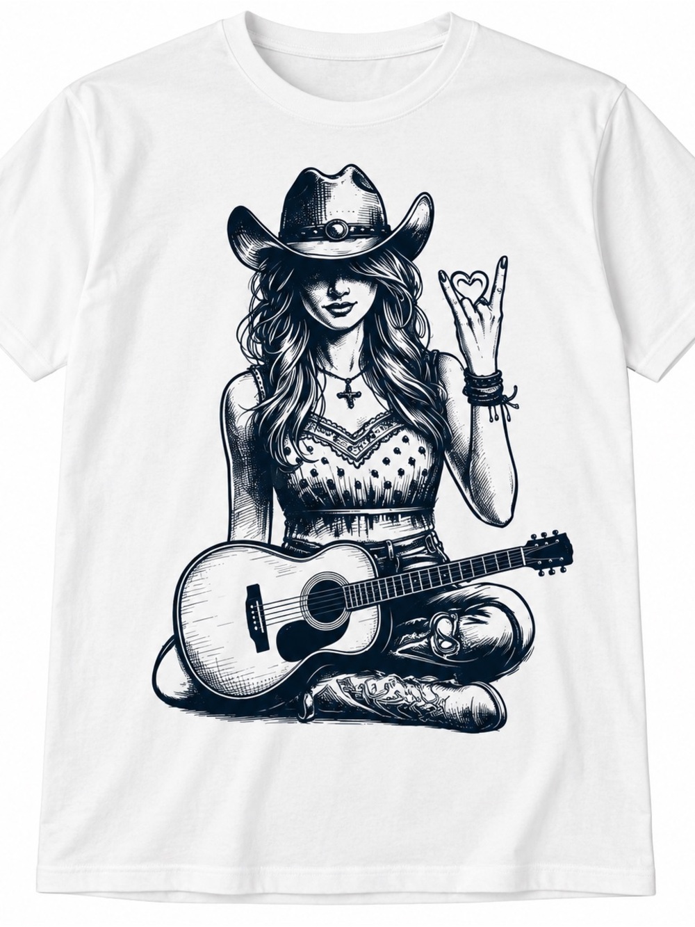 White Country Cowgirl Guitar Art Print - White